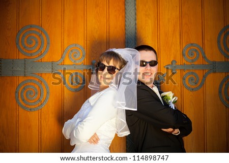 young beautiful wedding couple outdoor-colorized photo for old mood
