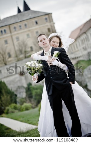 young beautiful wedding couple outdoor -colorized photo for old mood