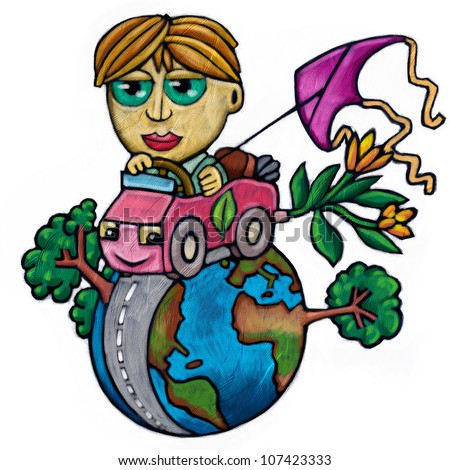 Digital illustration of a man into a friendly car driving around a little earth planet with trees and kite. Ecology car concept.