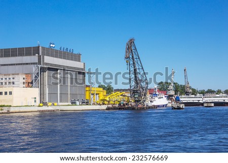 SAINT-PETERSBURG, RUSSIA - June 15, 2014: Dock of ALMAZ Shipbuilding Company, St.-Petersburg. Company specializes in high-speed ships and boats building