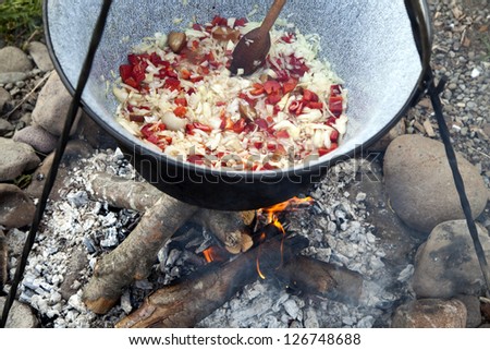 Session of outdoor cooking in a pot.