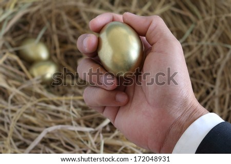 businessman holding golden egg from nest