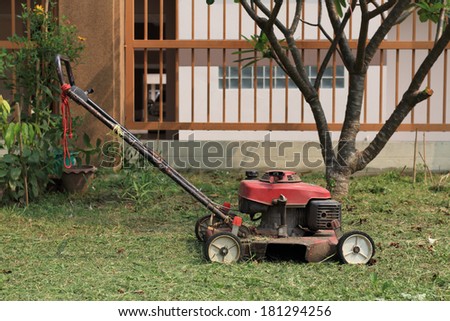 Lawnmower machine in the garden