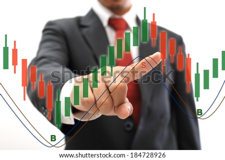 businessman pointing to stock chart analysis on white background