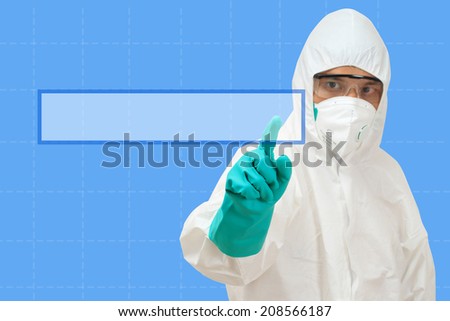 scientist in safety suit pointing to empty box