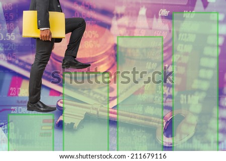 businessman holding files climbing on bar graph to success money concept background