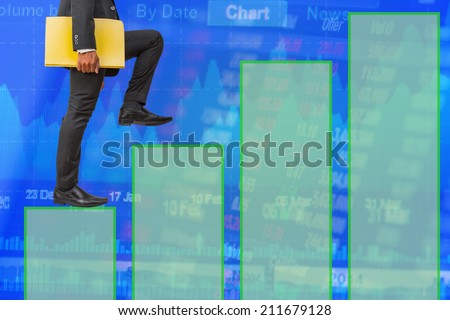 businessman holding files climbing on line graph to success money concept background