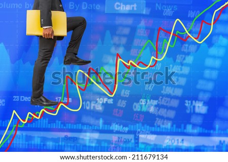 businessman holding files climbing on line graph to success money concept background