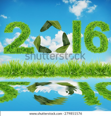 2016 is made of green leaves The blue sky and below the water ripple