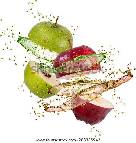 red and green apple splash on white background