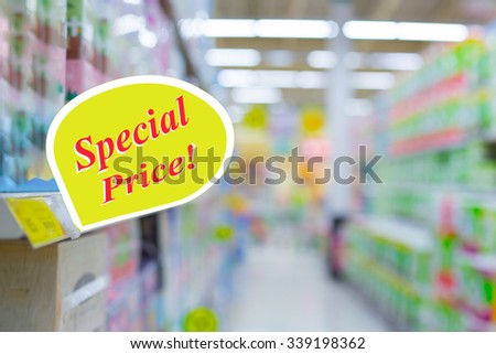 special price tag on shelves supermarket