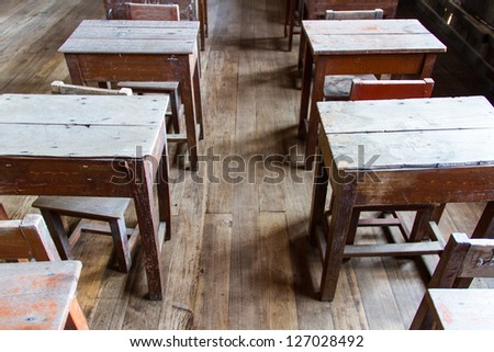 Old classroom ,wood chair and desk