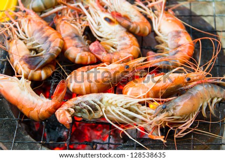 Seafood barbecue of grilled Shrimps on charcoal oven