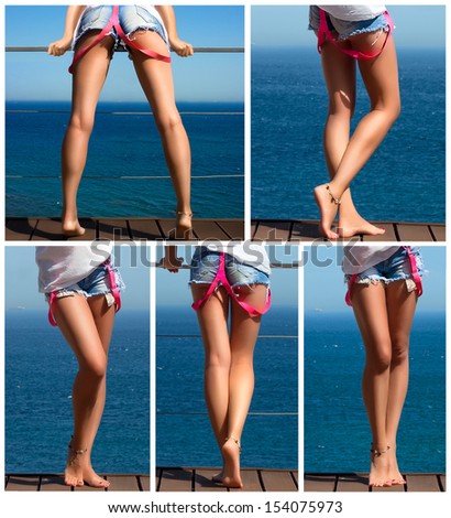 Fashionable bronzed woman legs in jeans shorts with pink suspenders and white shirt on the terrace.