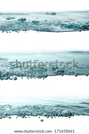 Set with three closeup surfaces of boiling water isolated on white background