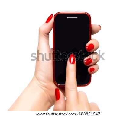 Elegant female hands with red nails holding a smart phone and pointing the touchscreen. Closeup isolated on white