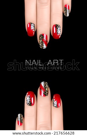 Nail polish stickers with animal print. Professional manicure. Nail art concept. Closeup image isolated on black with sample text
