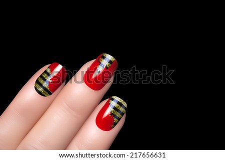 Fashion animal print stickers. Manicure and Nail tattoo. Closeup of woman hands with bee nail art.  Hands isolated on black background with copy space