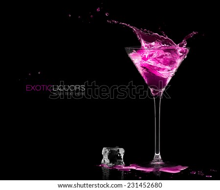 Stemmed cocktail glass with strawberry liquor splashing out, close-up isolated on black. Template design with sample text