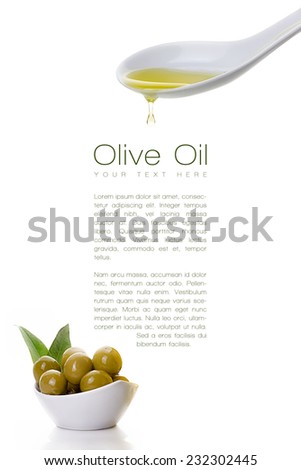 Healthy virgin olive oil dripping from a white ceramic spoon on a sample text with olive seeds on white bowl at the bottom left. Template design isolated on white