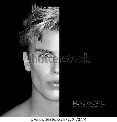 Men beauty skin care concept. Handsome young man half face. Perfect skin. Monochrome Portrait isolated on black. Template design with sample text