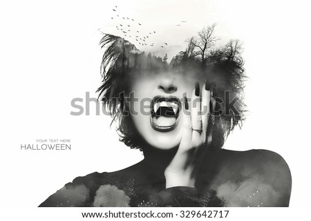 Halloween concept with a Gothic girl with dark clothes and nails wearing vampire teeth with a double exposure of flying bats above an eerie forest over her forehead, isolated on white with sample text