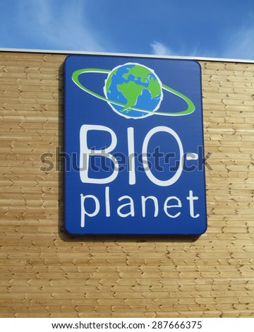 AALST, BELGIUM, JUNE 16 2015: Logo for the Organic Supermarket \'Bio Planet\'. Part of the Colruyt Group, there are currently 11 stores in Belgium, offering around 7,000 organic and ecological products.