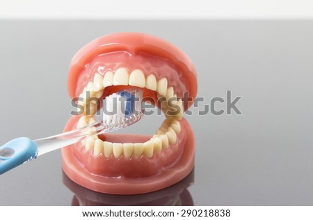 Dental hygiene and cleanliness concept with a toothbrush placed between the teeth on a set of toy plastic false teeth or dentures over a grey background with copy-space