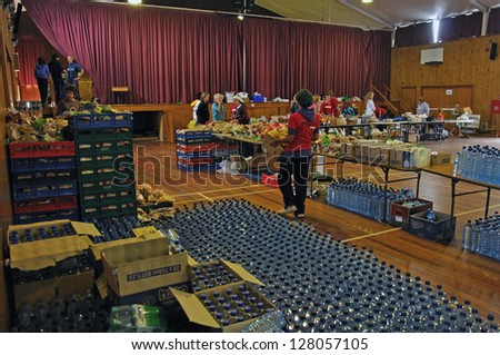 CHRISTCHURCH, NEW ZEALAND, FEBRUARY 26, 2011 - Food stockpiled in a school hall for distribution to victims of the 6.4 earthquake in Christchurch, South Island, New Zealand, 22-2-2011
