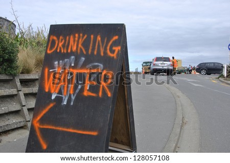 CHRISTCHURCH, NEW ZEALAND, FEBRUARY 26, 2011 - Sign directing people to a desalination plant run by NZ Defence Force to provide fresh water after the earthquake in Christchurch,New Zealand, 22-2-2011