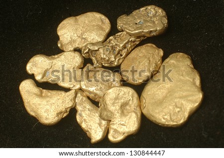 Collection of small gold nuggets from Grey River Gold Dredge, West Coast, South Island, New Zealand