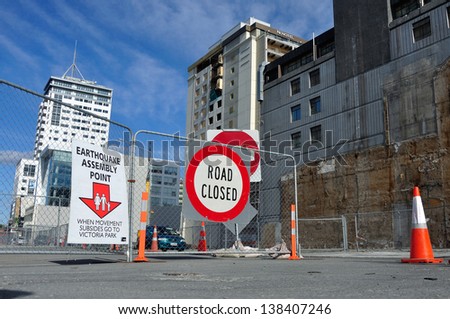 CHRISTCHURCH, NEW ZEALAND, NOVEMBER 16: Signage directs people to an earthquake assembly point  in Christchurch, New Zealand on 16-11-2012.