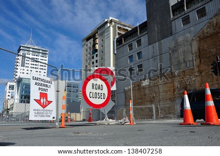 CHRISTCHURCH, NEW ZEALAND, NOVEMBER 16: Signage directs people to an earthquake assembly point in Christchurch, New Zealand, 16-11-2012. 182 people died in the 6.4 earthquake the previous year.