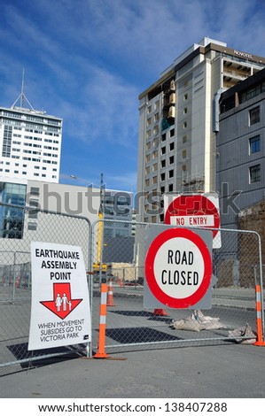 CHRISTCHURCH, NEW ZEALAND, NOVEMBER 16: Signage directs people to an earthquake assembly point in Christchurch, New Zealand  on 16-11-2012.