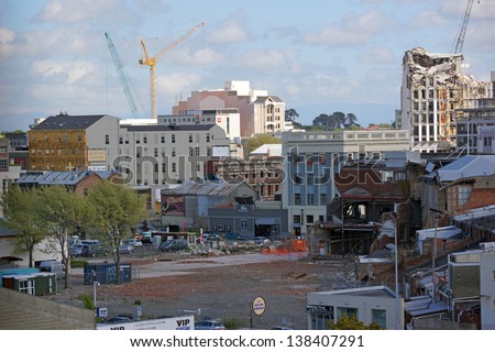 CHRISTCHURCH, NEW ZEALAND, NOVEMBER 16: Demolition of tall buildings continues in Christchurch, New Zealand on 16-11-2012. 182 people died in the 6.4 earthquake the previous year.