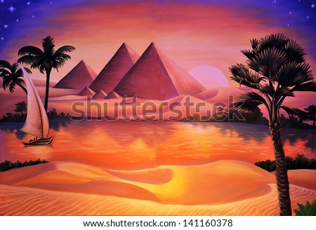 painted concert backdrop of ancient Egypt and Nile River
