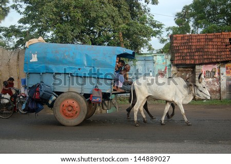 TIRUNELVELI, TAMIL NADU, INDIA, circa 2009: An unidentified man and his ox cart leave town, circa 2009 in Tirunelveli, Tamil Nadu, India. Ox carts are a familiar vehicle in India.
