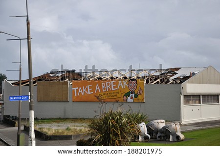 GREYMOUTH, NEW ZEALAND, APRIL 17, 2014: Commercial building de-roofed by Cyclone Ita in the middle of Greymouth, New Zealand, April 17, 2014