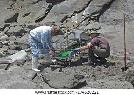 GREYMOUTH, NEW ZEALAND,  CIRCA 2006: Men work the black sand beaches for gold north of Greymouth, West Coast, South Island, New Zealand. The fine gold is trapped in the green material on the sluice.