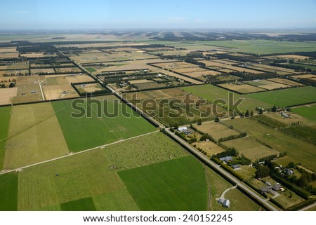 Aerial of dairy and cropping farms in Canterbury, South Island, New Zealand