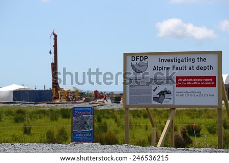 WHATAROA, NEW ZEALAND, DECEMBER 5, 2014: Signage at the Deep Fault Drilling Project, Whataroa, New Zealand. Geologists expect to gain knowledge of earthquakes from core samples of the Alpine Fault.