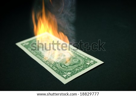 Burning one dollar with flames and smoke.