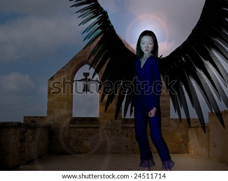 Angel with unfolded wings on the roof of an old church with bells in a cloudy night. Combined photography and 3D render.
