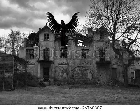 An rendered angel silhouette with unfolded wings sitting on an old house. Was destroyed by a storm and is now demolished. Digitally created image with photo as a background.