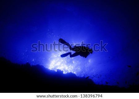 A back lit shot of a scuba diver at the egyptian Elphinestone reef.