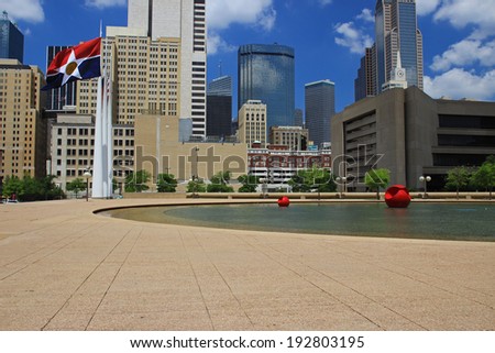 DALLAS DOWNTOWN VIEW FROM CITY HALL, APRIL 2014: The plaza in front of Dallas City Hall provides a view over parts of the downtown area. Dallas, April 22nd, 2014.