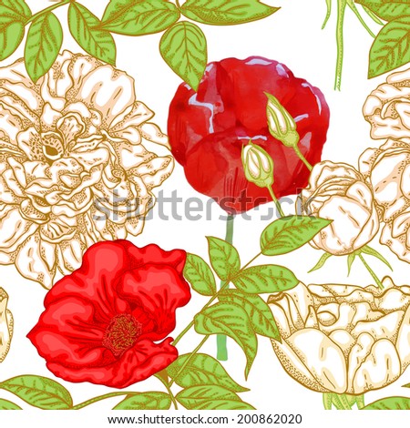 Seamless pattern with flowers: tulip, briar on white background