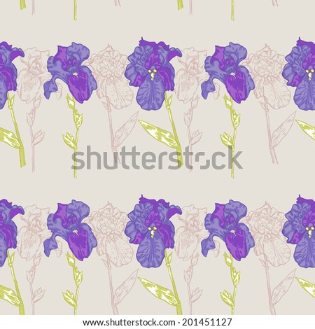 Seamless pattern flowers purple irises in a row