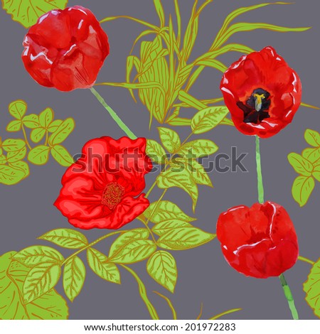 Seamless pattern with flowers: tulip, grass, briar