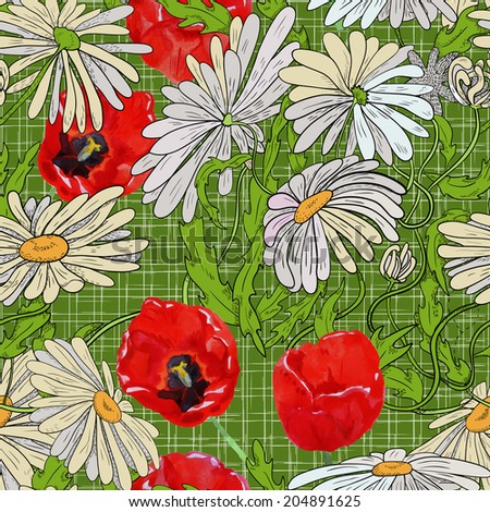 Seamless pattern of grass and flowers: tulips and daisies